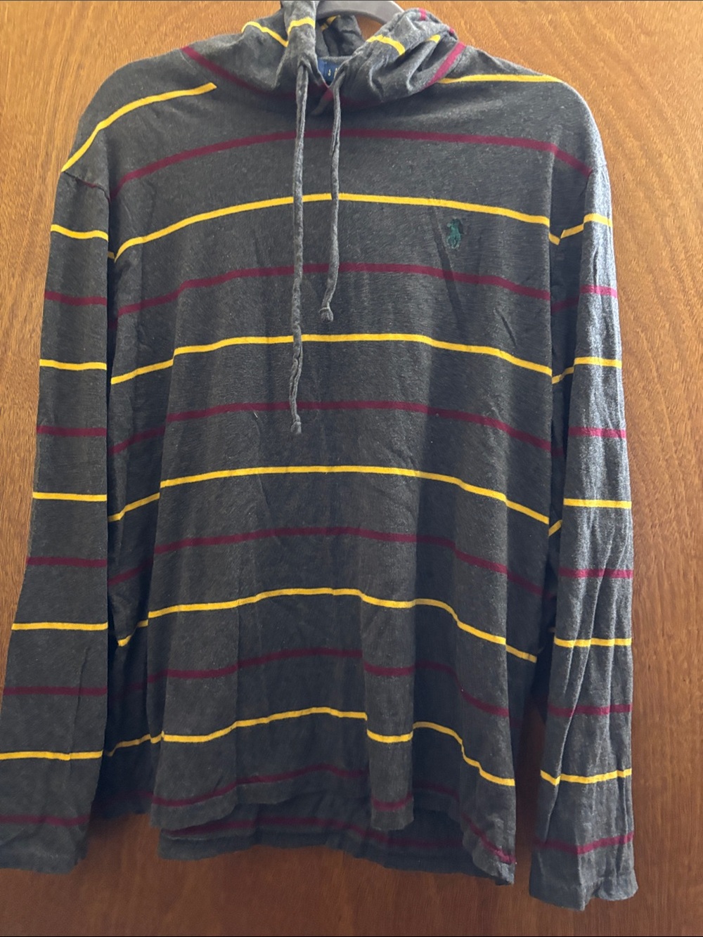 Ralph Lauren Hooded Long-Sleeve Stripe Shirt - Gray with Yellow & Burgundy